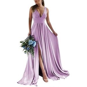 NEW Deep V-Neck Bridesmaid Dress Slit Formal Evening Gown 2